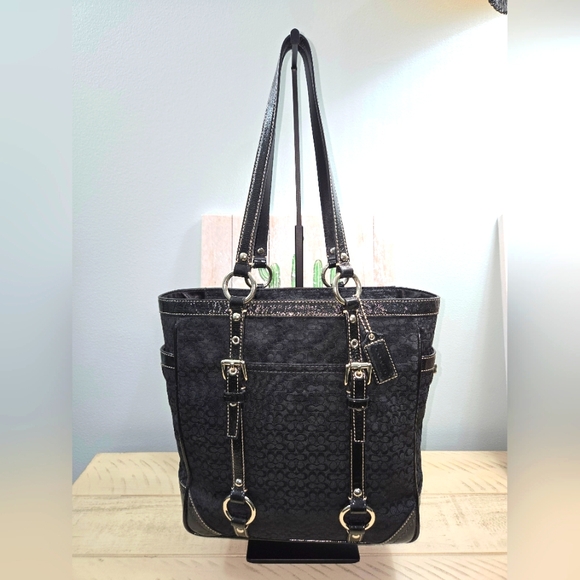 Coach Handbags - Coach Black Signature Jacquard & Leather Tote G0969 F12634 Medium Size EUC